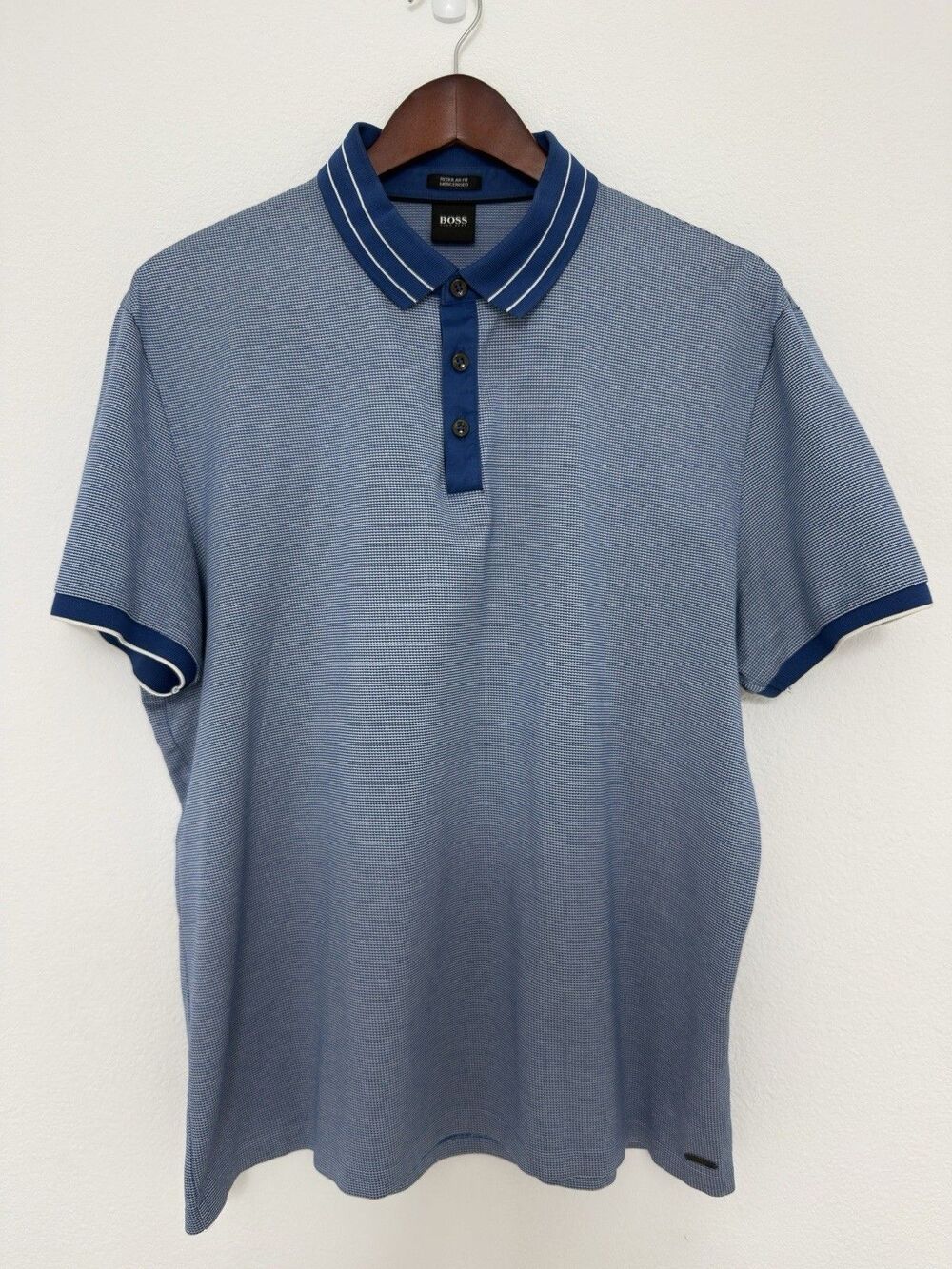 Hugo Boss Mens Mercerized Cotton Polo Shirt Blue Tipped Collar XXL Fits L